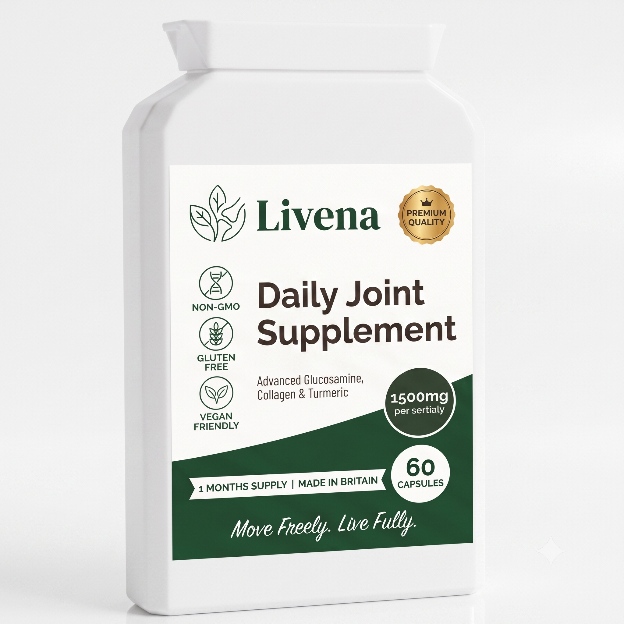 Livena Daily Joint Supplement – Glucosamine, Collagen & Turmeric – 60 Capsules